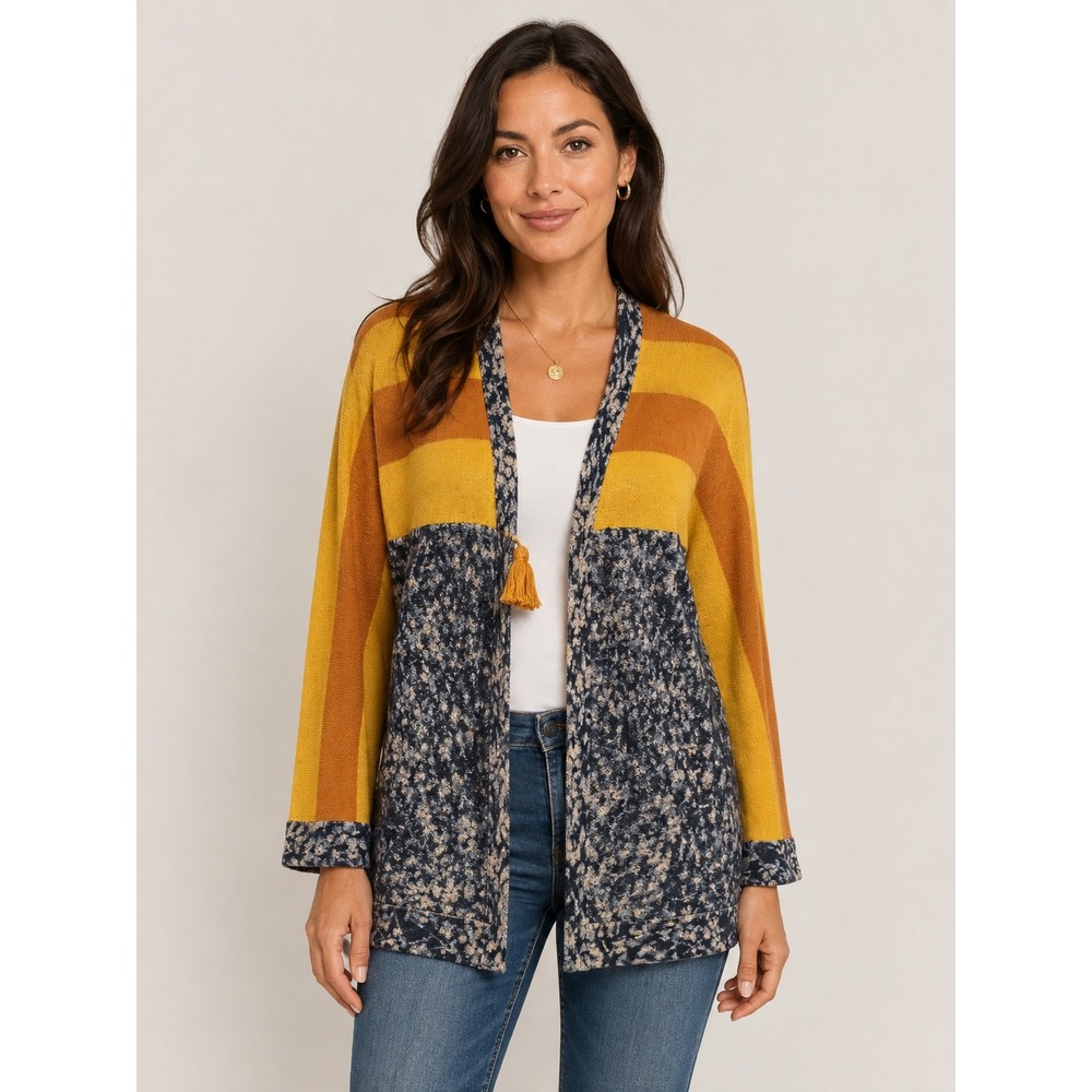 Maple Linen Cotton Striped Floral Knit Cardigan XS Colorblock Artsy Front Tie